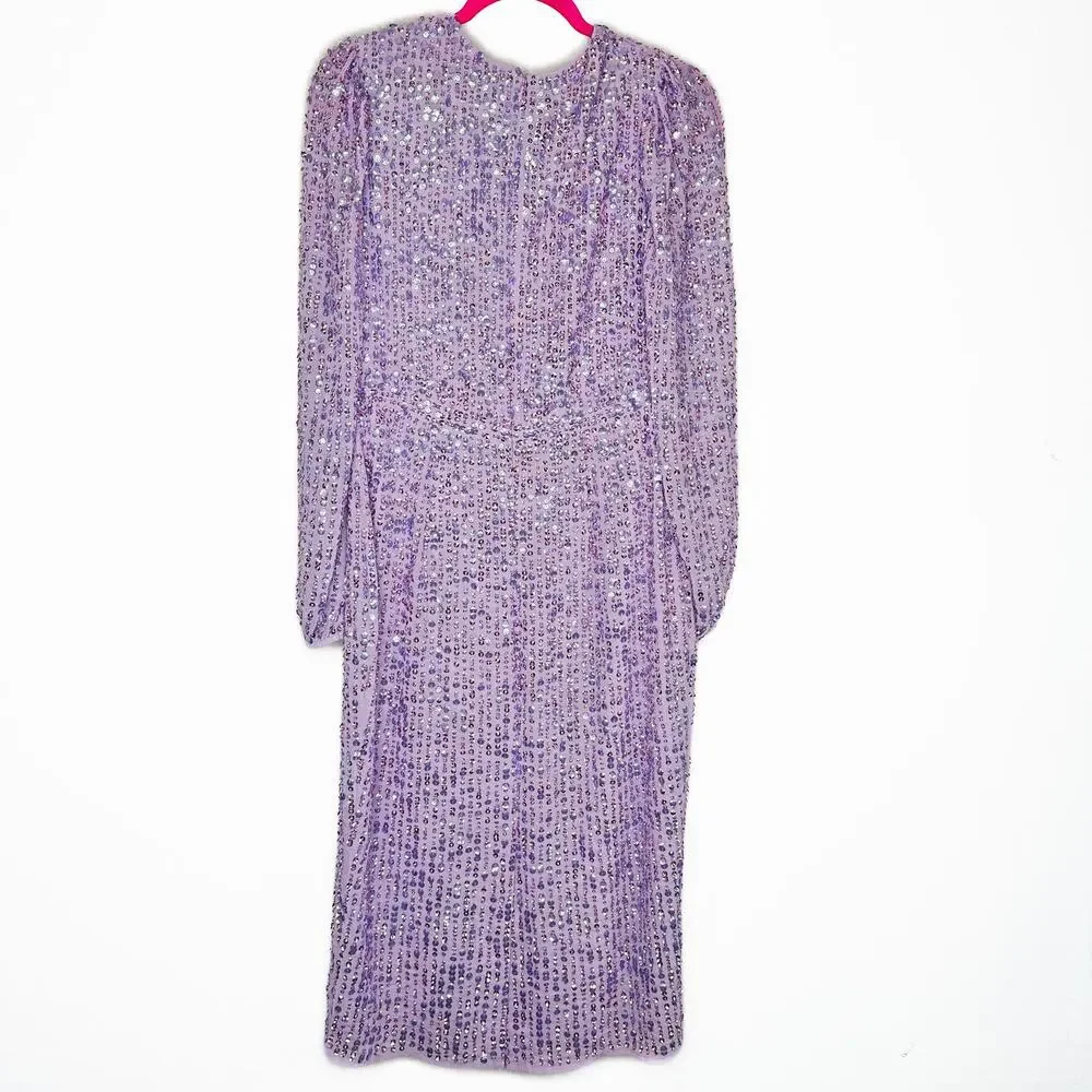 Mac Duggal Sequin Illusion Long Puff Sleeve 107641 Evening Tea Length Midi Dress - Picture 15 of 16